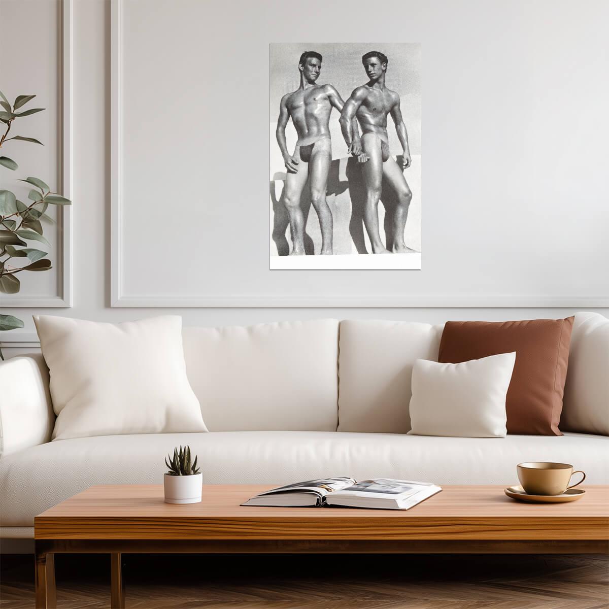 Male Physique Duo Poster | Vintage Style Black and White Photo - Photography Poster