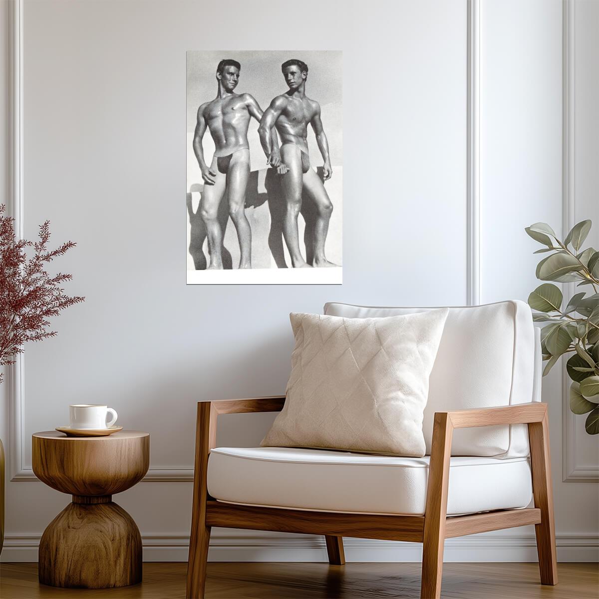 Male Physique Duo Poster | Vintage Style Black and White Photo - Photography Poster