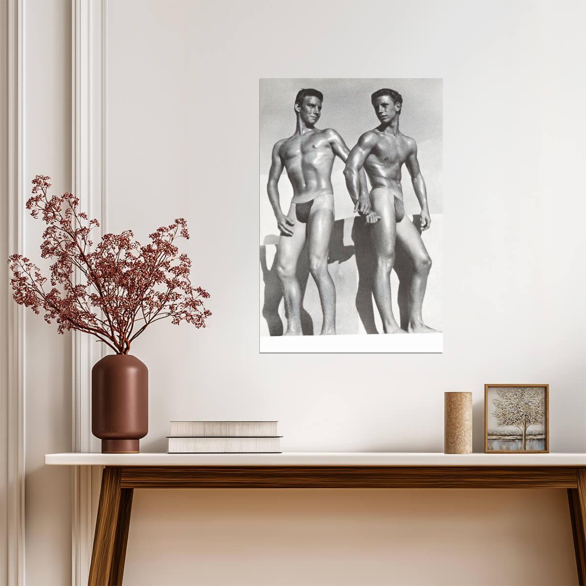 Male Physique Duo Poster | Vintage Style Black and White Photo - Photography Poster