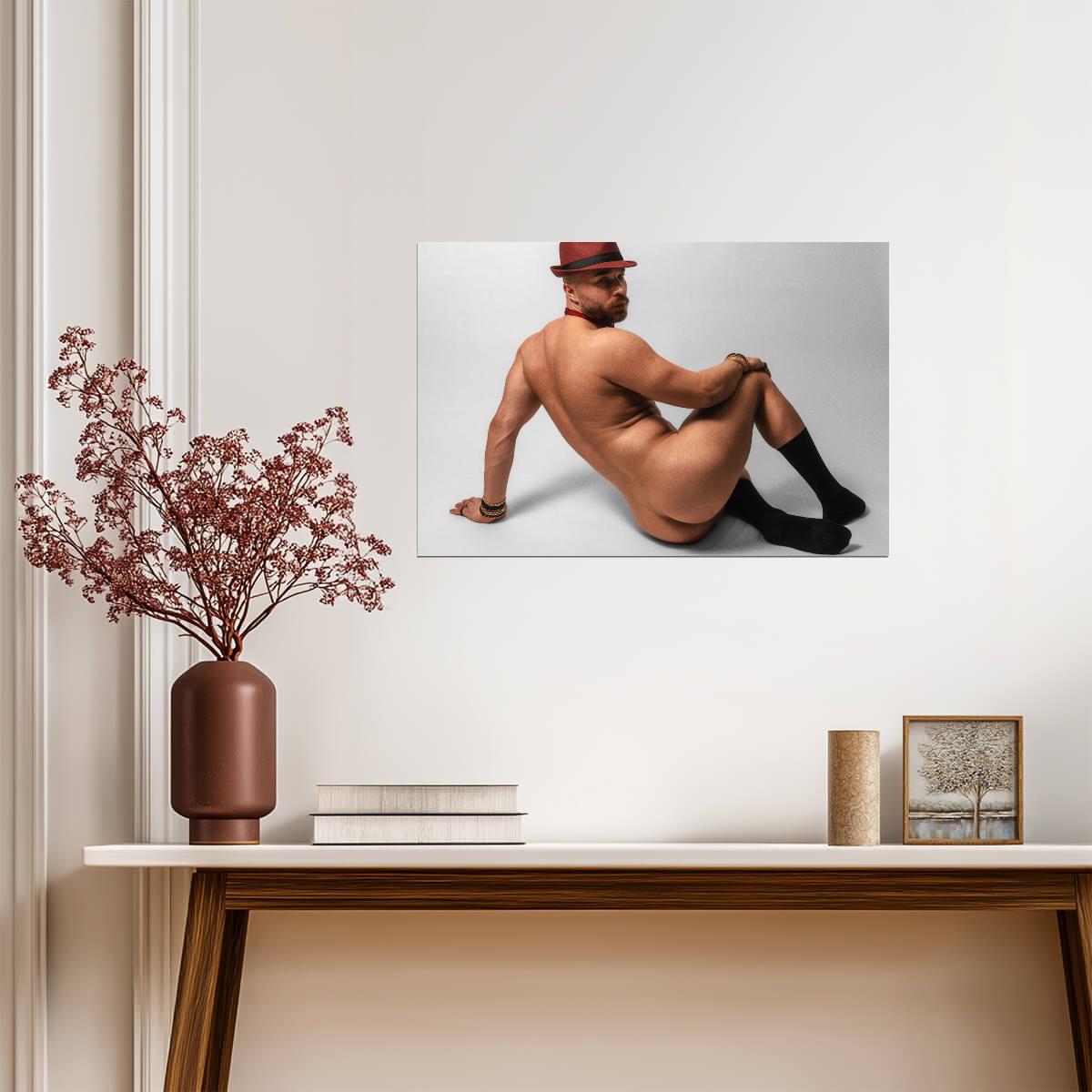 Male Nude in a Red Fedora Poster | Studio Photo - Photography Poster
