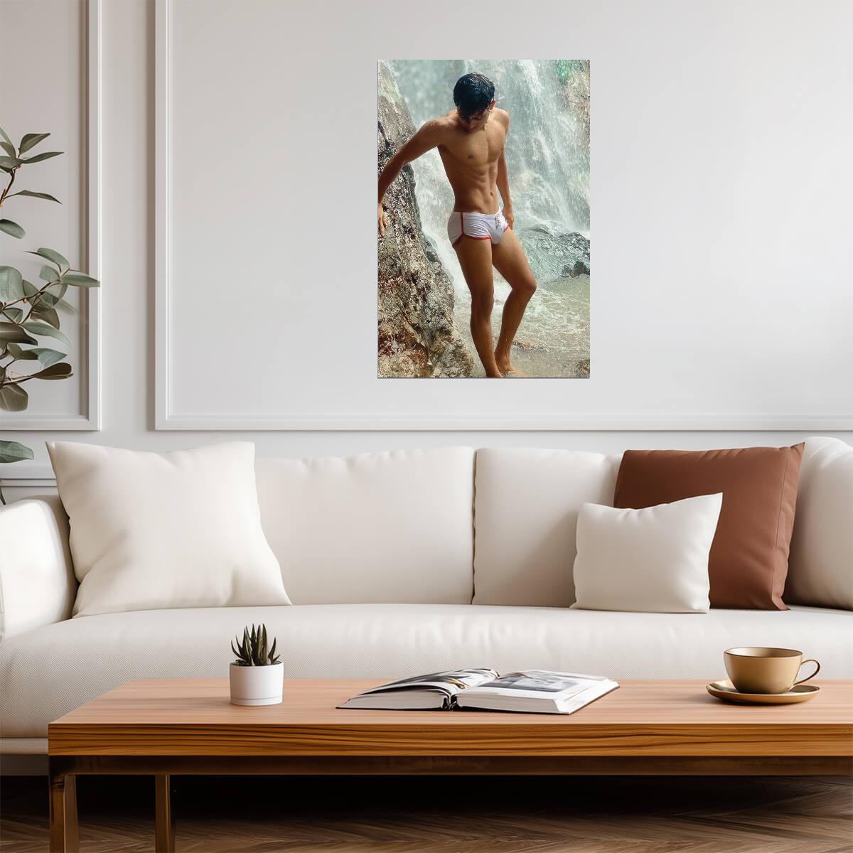 Male Model in White Swim Briefs Poster | Waterfall Photo - Photography Poster