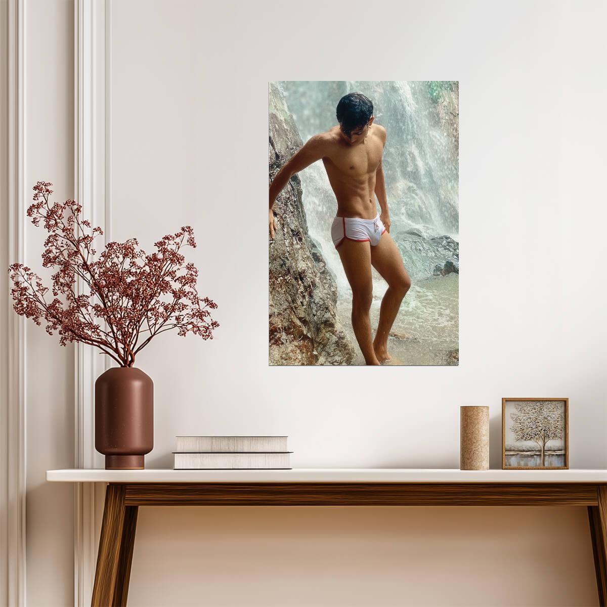Male Model in White Swim Briefs Poster | Waterfall Photo - Photography Poster