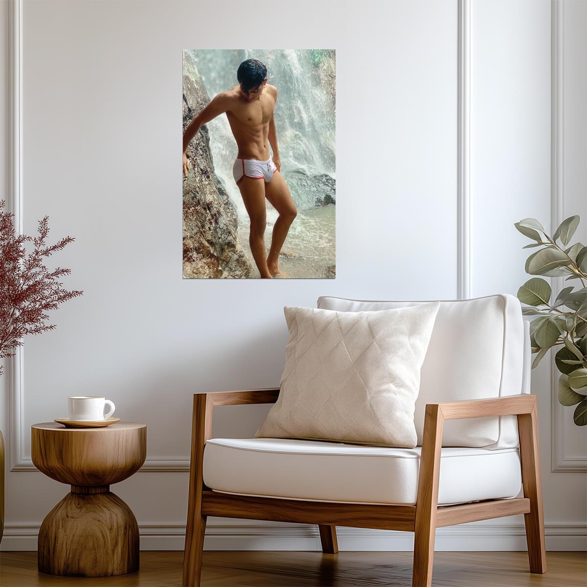 Male Model in White Swim Briefs Poster | Waterfall Photo - Photography Poster