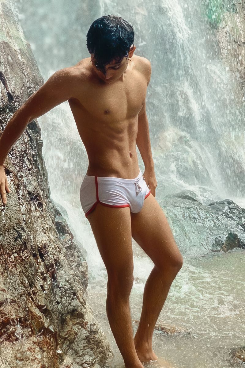 Male Model in White Swim Briefs Poster | Waterfall Photo - Photography Poster
