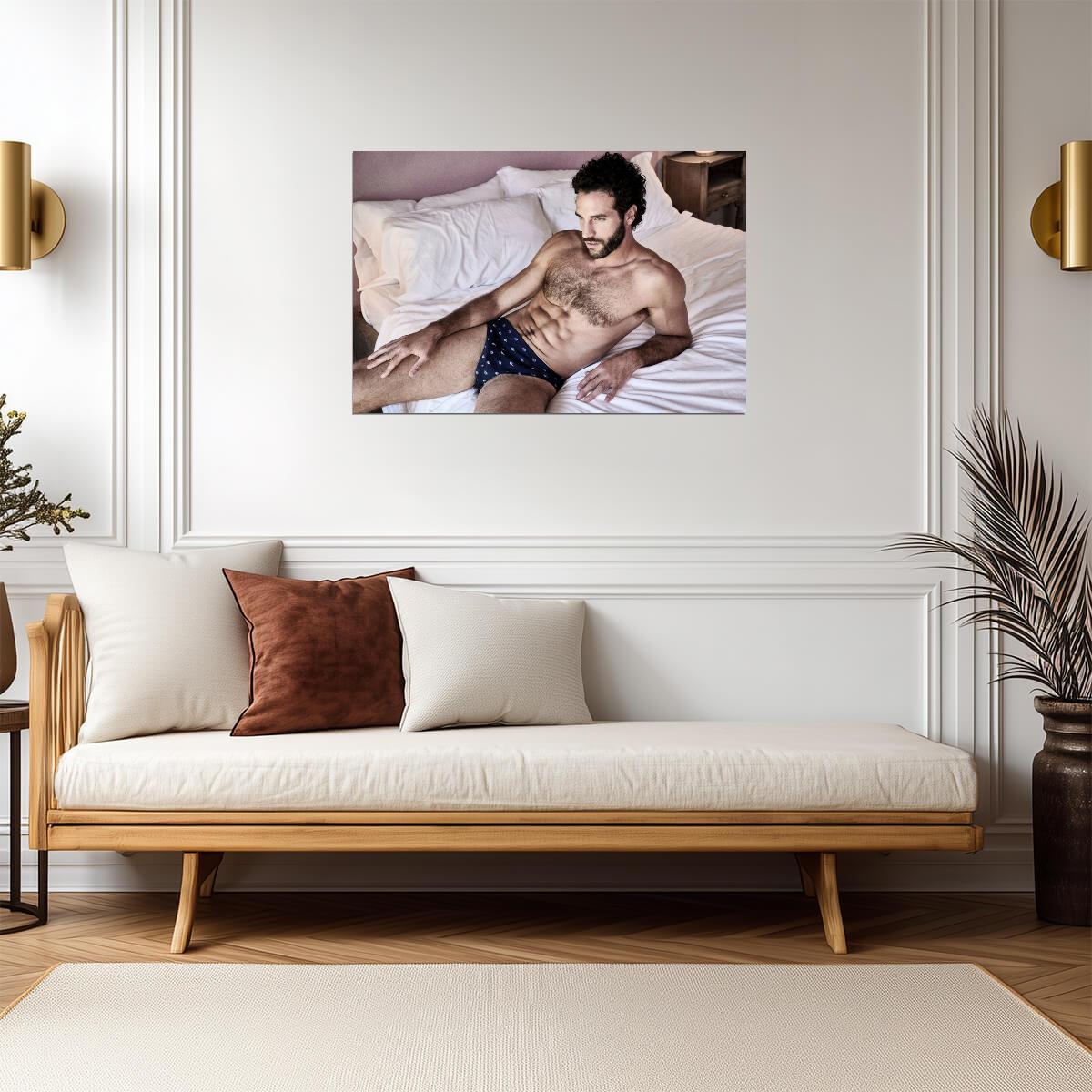 Male Model in Blue Briefs Poster | Laid-Back Bedroom Portrait - Photography Poster