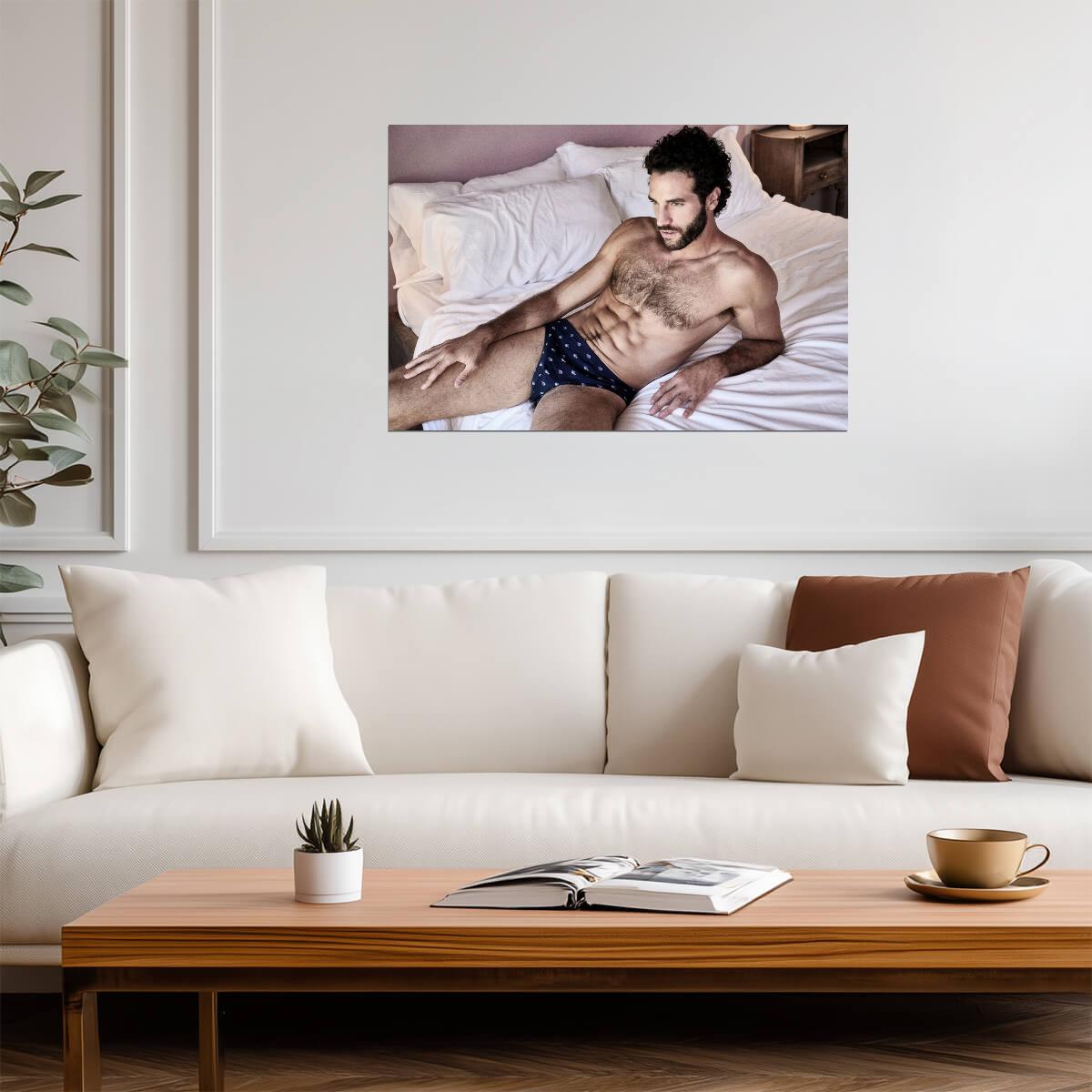 Male Model in Blue Briefs Poster | Laid-Back Bedroom Portrait - Photography Poster