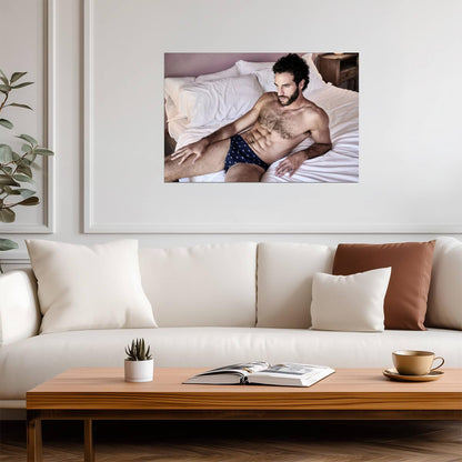 Male Model in Blue Briefs Poster | Laid-Back Bedroom Portrait - Photography Poster