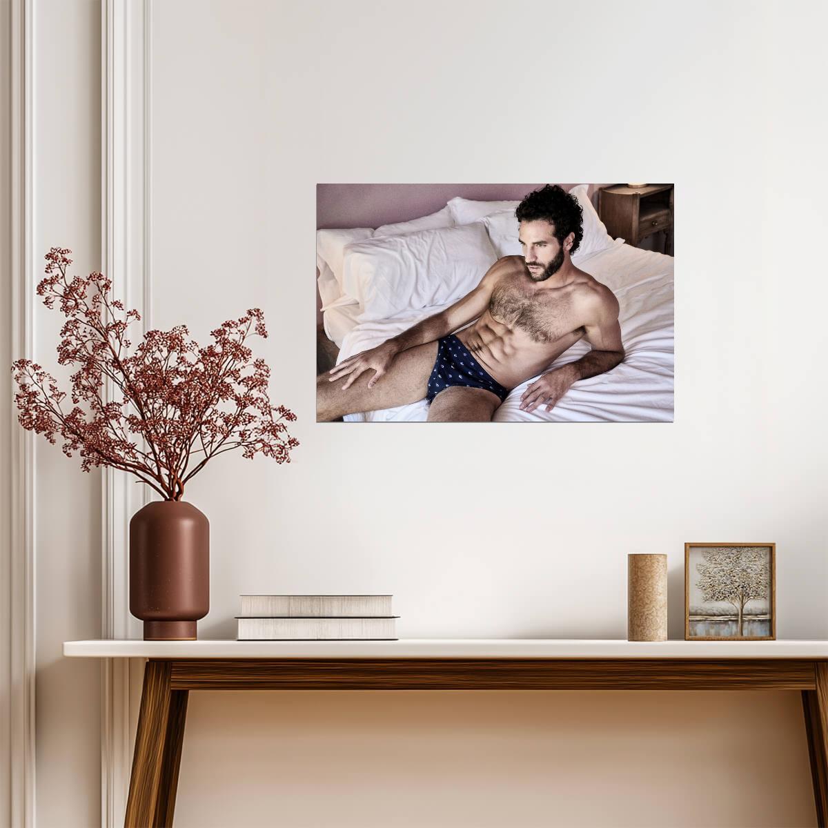 Male Model in Blue Briefs Poster | Laid-Back Bedroom Portrait - Photography Poster