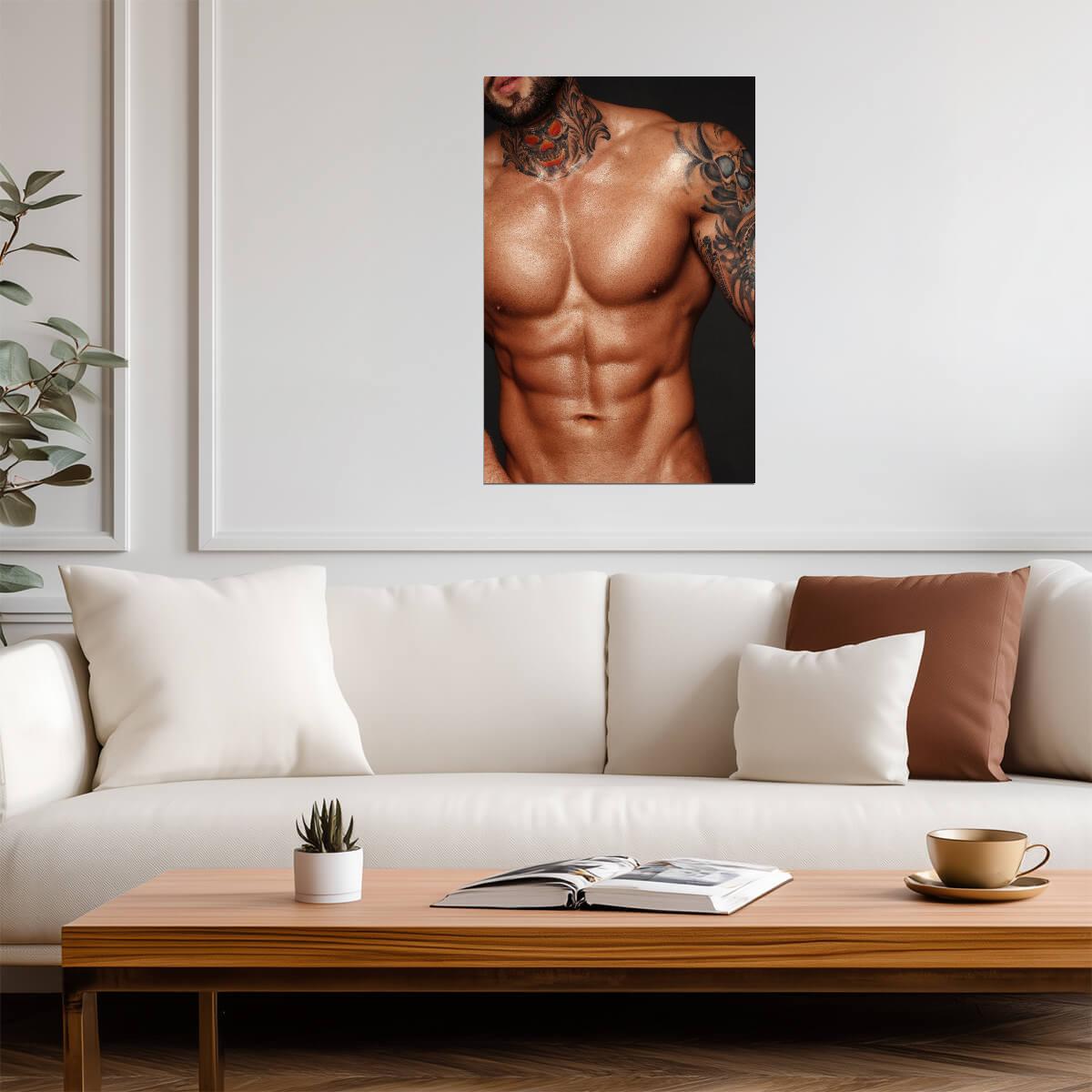Male Torso with a Skull Neck Tattoo Poster | Close Up Photo - Photography Poster