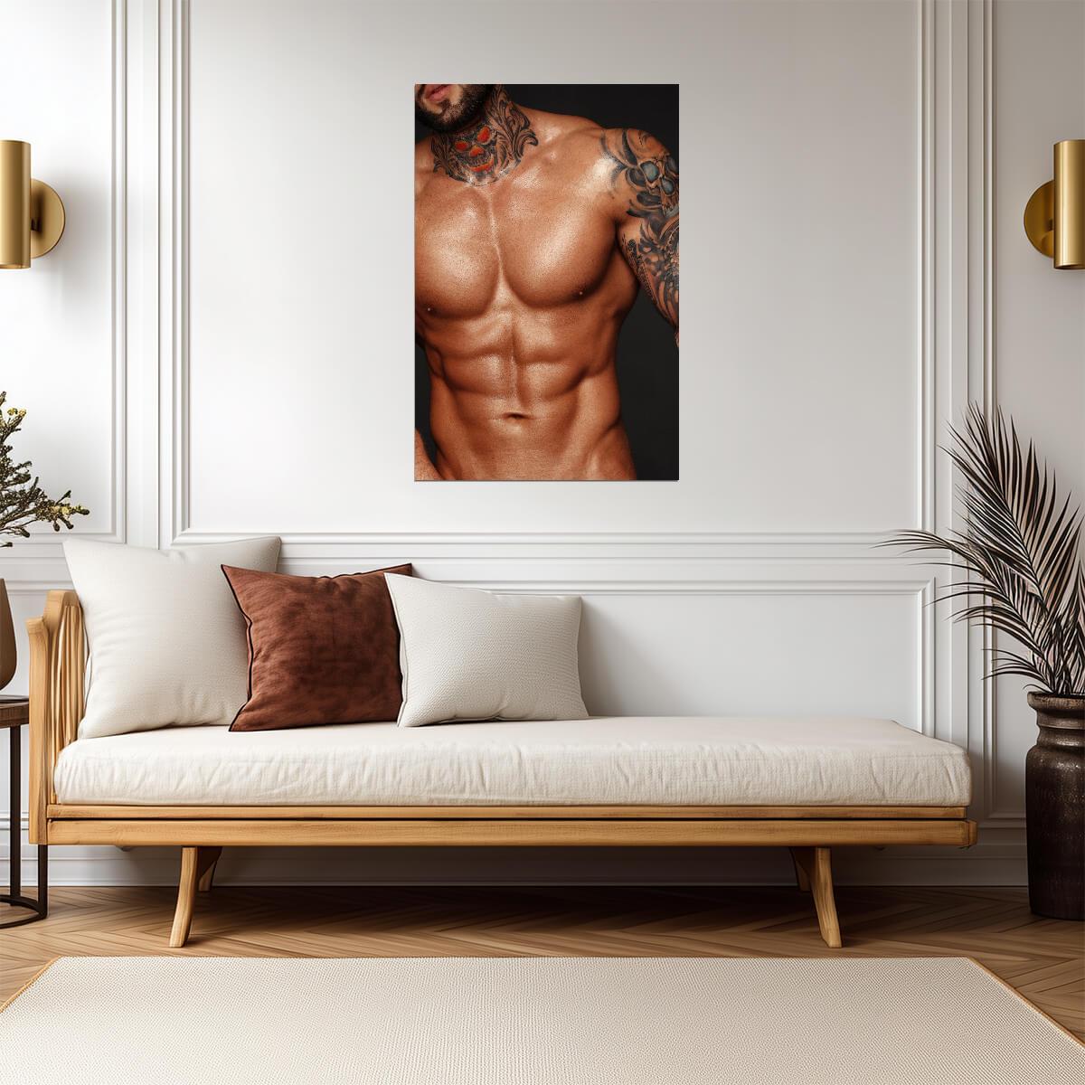 Male Torso with a Skull Neck Tattoo Poster | Close Up Photo - Photography Poster
