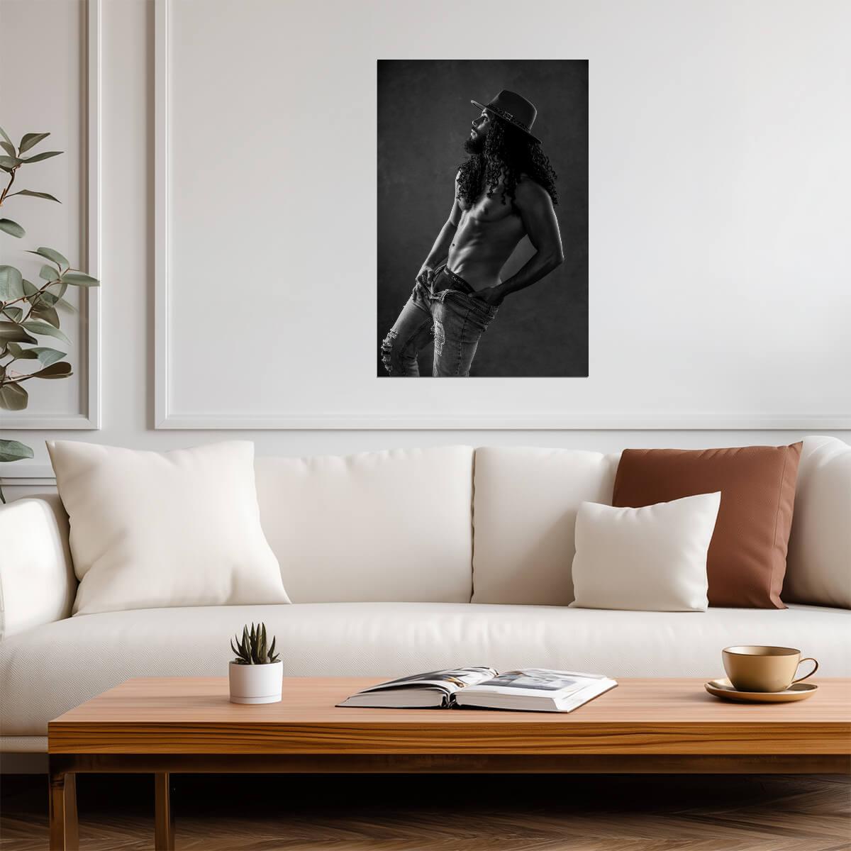 Long Haired Male Model in a Fedora Poster | Black and White Photo - Photography Poster