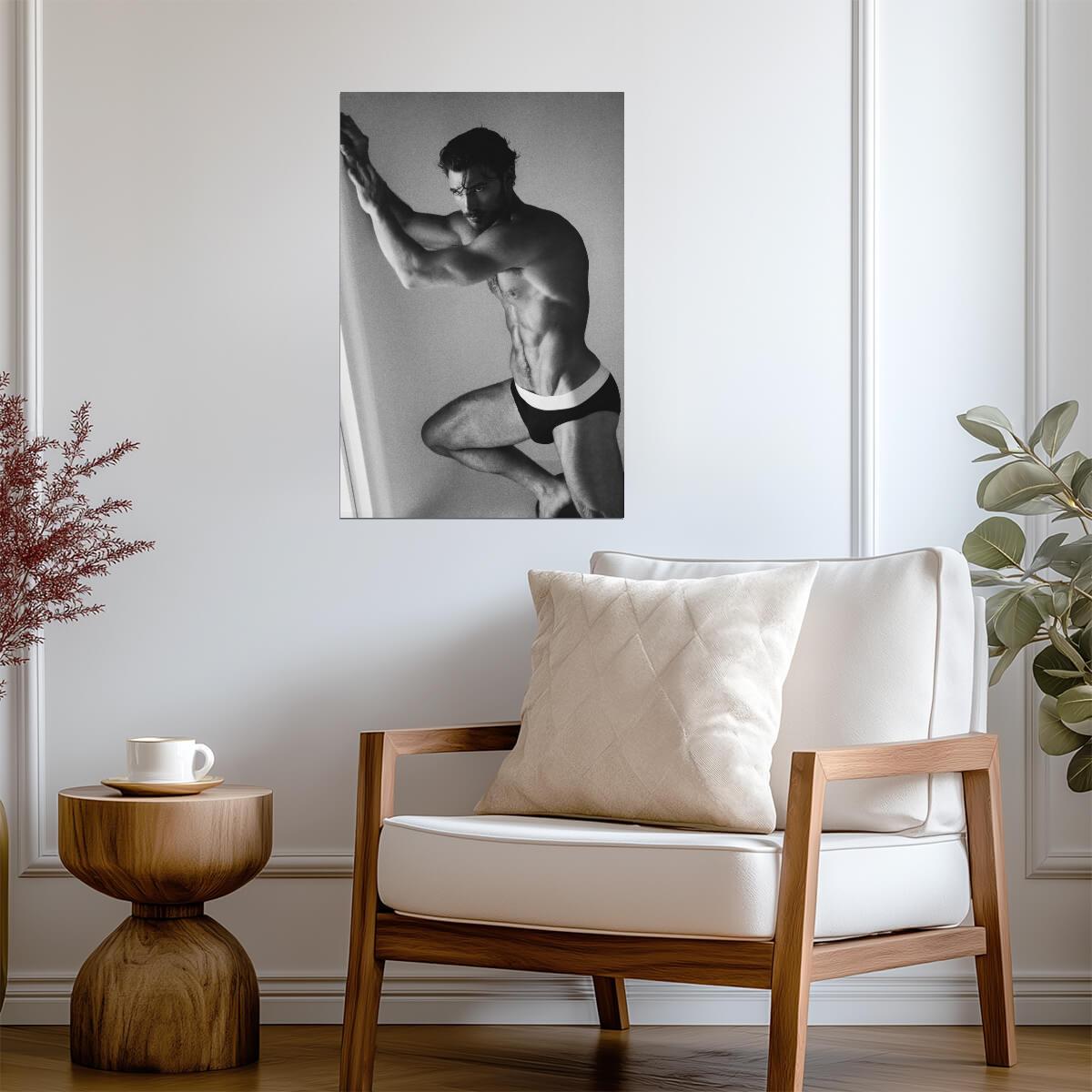 Male Model against a Wall Poster | Sexy Black and White Photo - Photography Poster