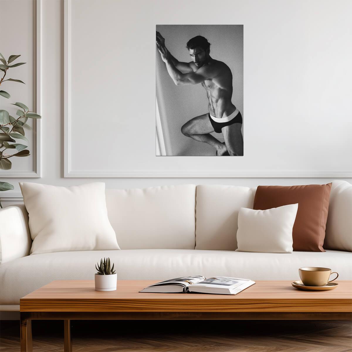 Male Model against a Wall Poster | Sexy Black and White Photo - Photography Poster