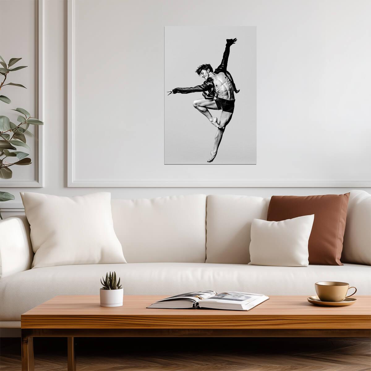 Male Dancer in a Sheer Shirt Poster | Black and White Leap - Photography Poster