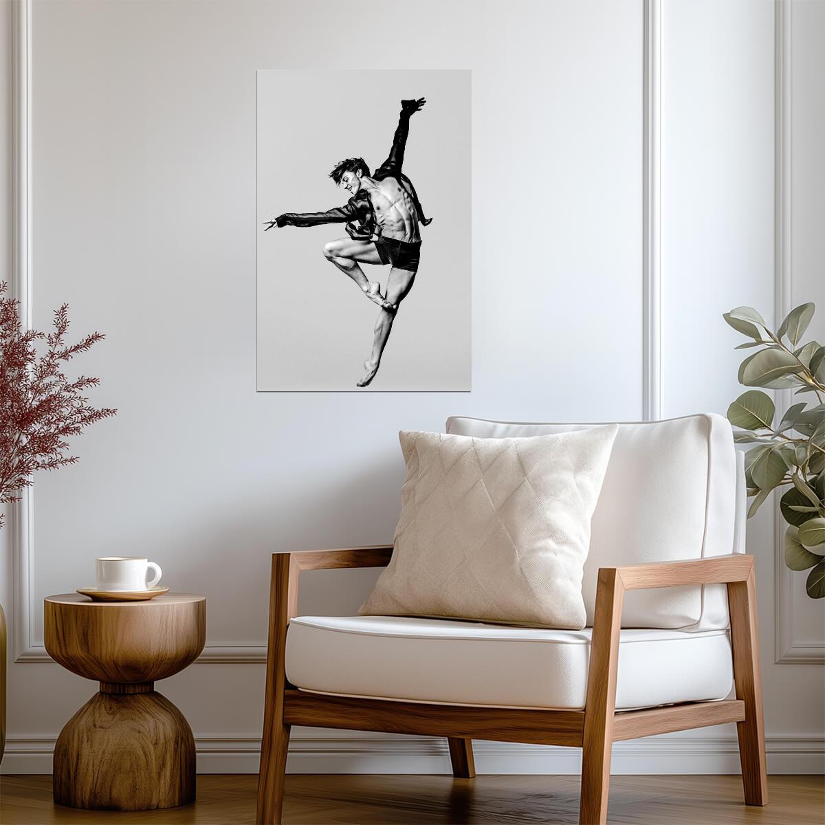 Male Dancer in a Sheer Shirt Poster | Black and White Leap - Photography Poster