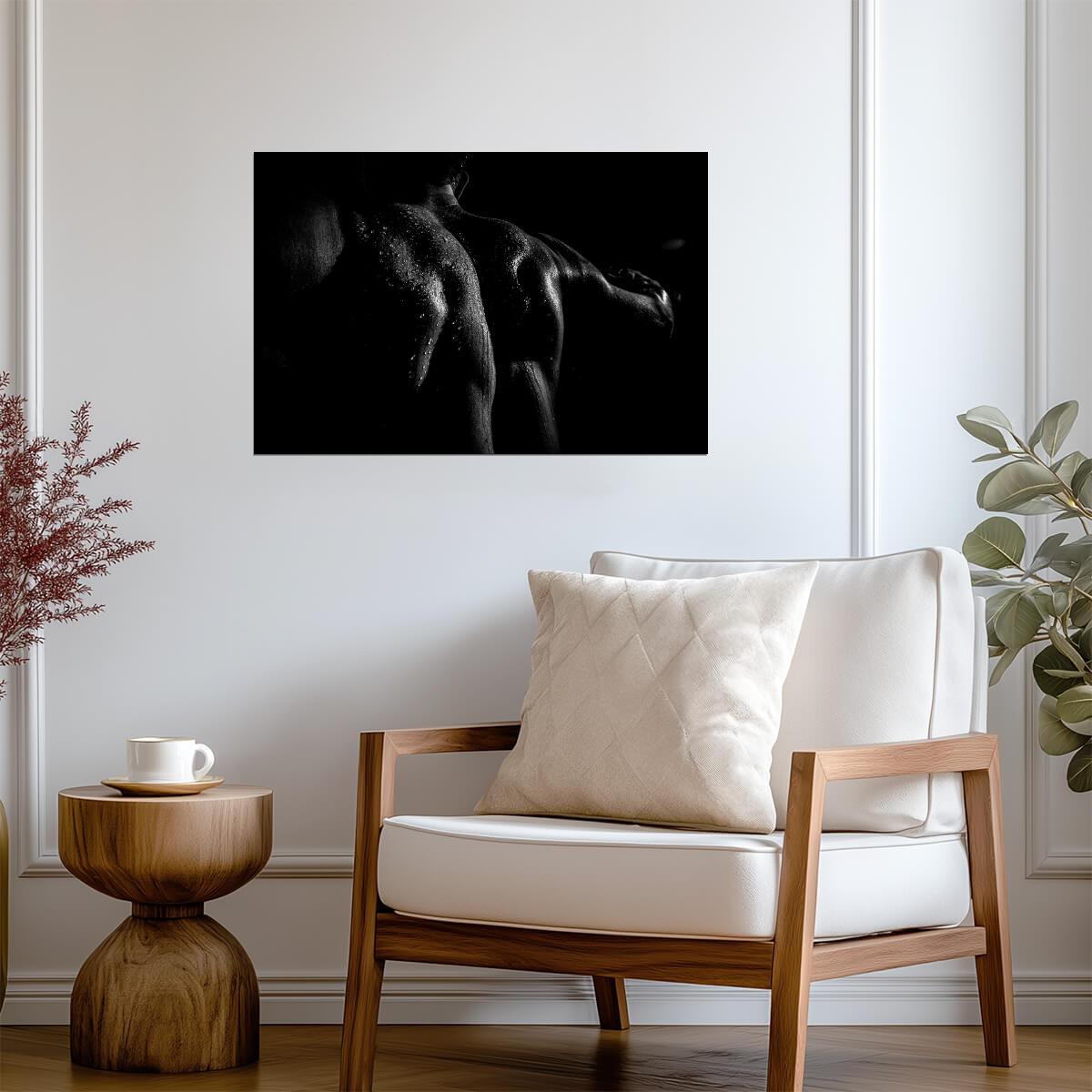 Wet Male Back Poster | Black and White Shadow Photography - Photography Poster