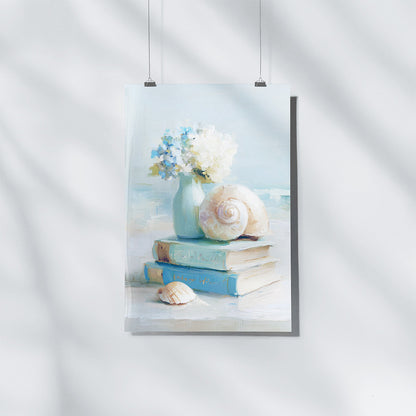 Still Life with Flowers, Books and Seashell | Coastal Granddaughter Bookish Aesthetic Poster