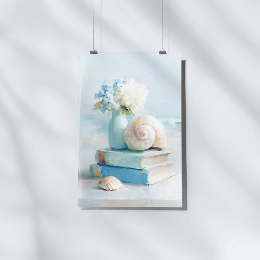 Still Life with Flowers, Books and Seashell | Coastal Granddaughter Bookish Aesthetic Poster
