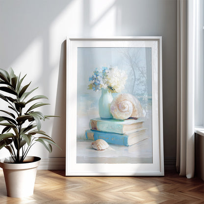 Still Life with Flowers, Books and Seashell | Coastal Granddaughter Bookish Aesthetic Poster