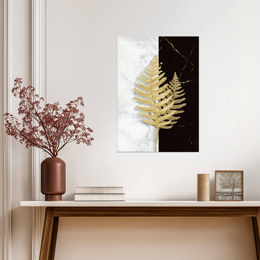 Golden Fern Botanical Art | Minimalist Black and White Print | Modern Nature Poster