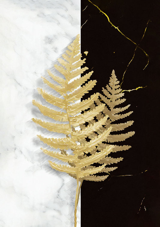 Golden Fern Botanical Art | Minimalist Black and White Print | Modern Nature Poster