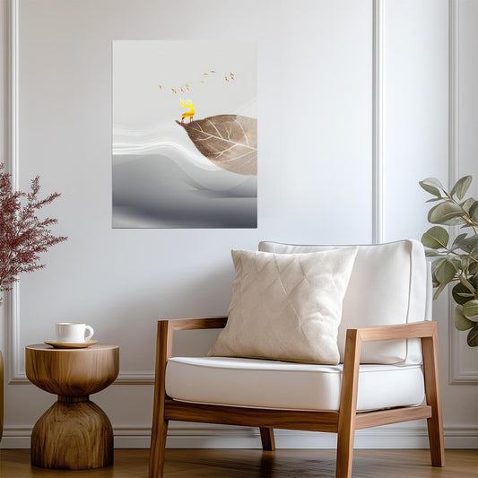 Minimalist Bird and Leaf | Scandinavian Style Art Print | Zen Nature Wall Poster