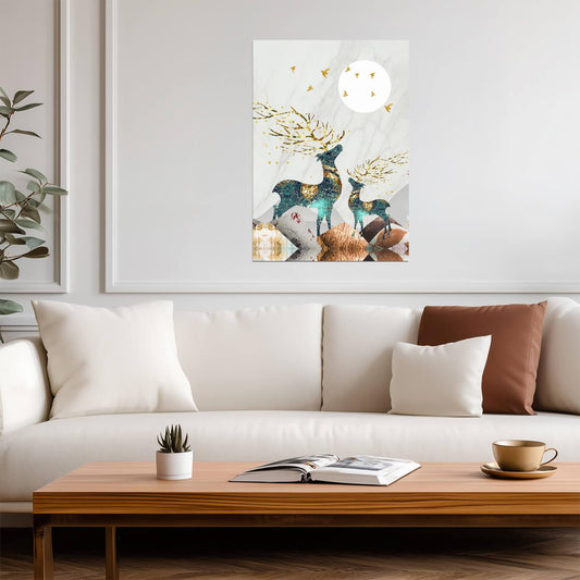 Nordic Abstract Elk and Moon | Scandinavian Boho Art | Mystical Forest Poster