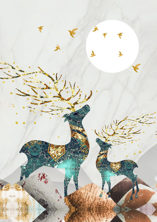 Nordic Abstract Elk and Moon | Scandinavian Boho Art | Mystical Forest Poster