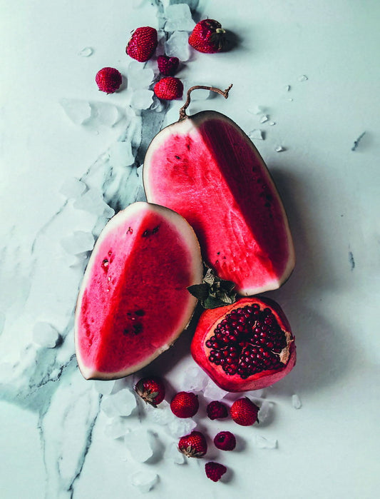 Pomegranate and Watermelon Still Life | Vibrant Kitchen Photography | Colorful Fruit Poster