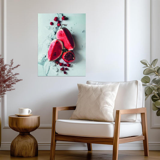 Pomegranate and Watermelon Still Life | Vibrant Kitchen Photography | Colorful Fruit Poster