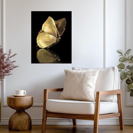Golden Butterfly | Minimalist Black and Gold Art | Elegant Insect Wall Poster