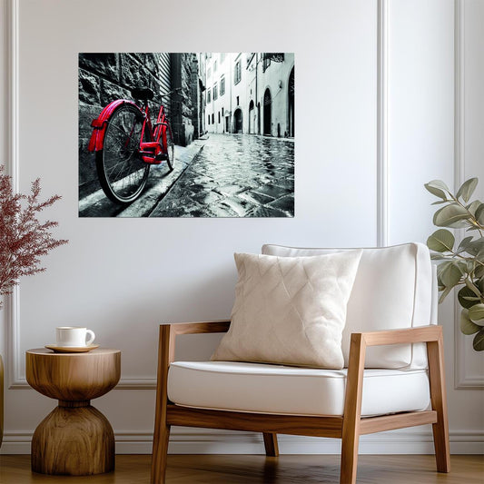 Red Bicycle on a Rainy Street | Vintage Urban Photography | Black and White Poster