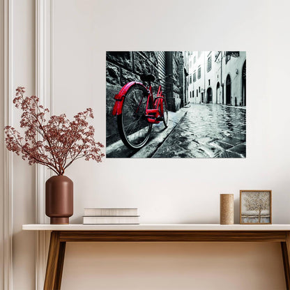 Red Bicycle on a Rainy Street | Vintage Urban Photography | Black and White Poster