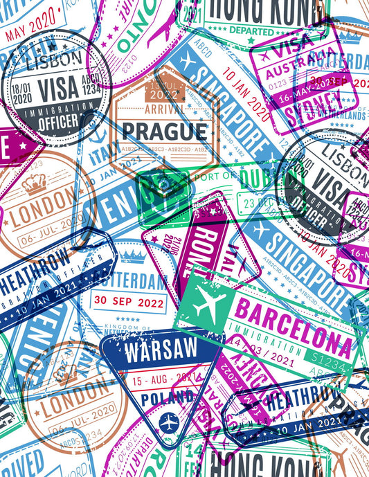 Vintage Travel Stamps Collage | World Adventure Map Art | Retro Wall Poster