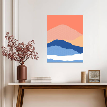 Japanese Style Mountain Landscape | Modern Abstract Art | Seigaiha Wave Pattern Poster