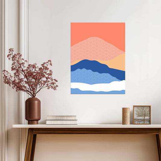 Japanese Style Mountain Landscape | Modern Abstract Art | Seigaiha Wave Pattern Poster