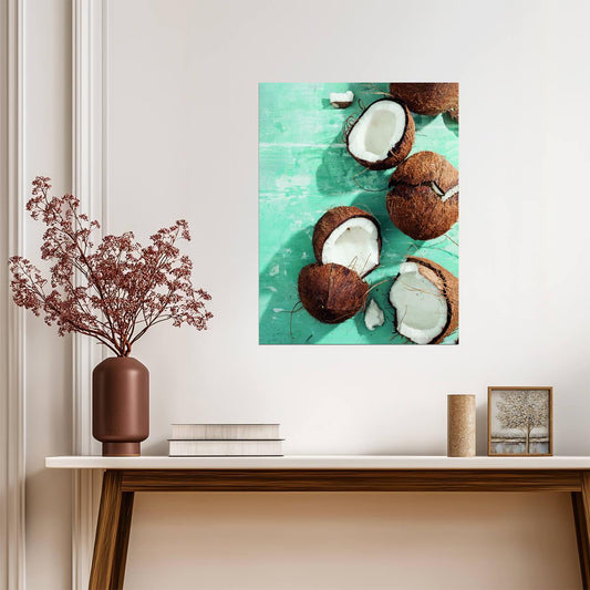 Rustic Coconut Still Life | Tropical Kitchen Photography | Vintage Food Art Poster