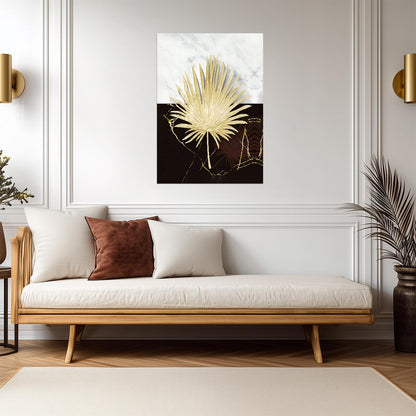 Golden Palm Leaf on Marble | Luxury Botanical Art | Modern Black and White Poster