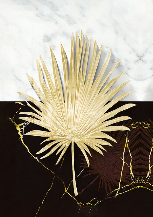 Golden Palm Leaf on Marble | Luxury Botanical Art | Modern Black and White Poster