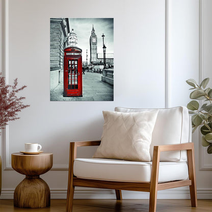 London Red Telephone Booth | Black and White Cityscape | Iconic British Poster