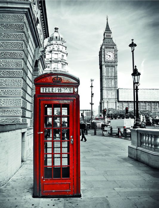 London Red Telephone Booth | Black and White Cityscape | Iconic British Poster