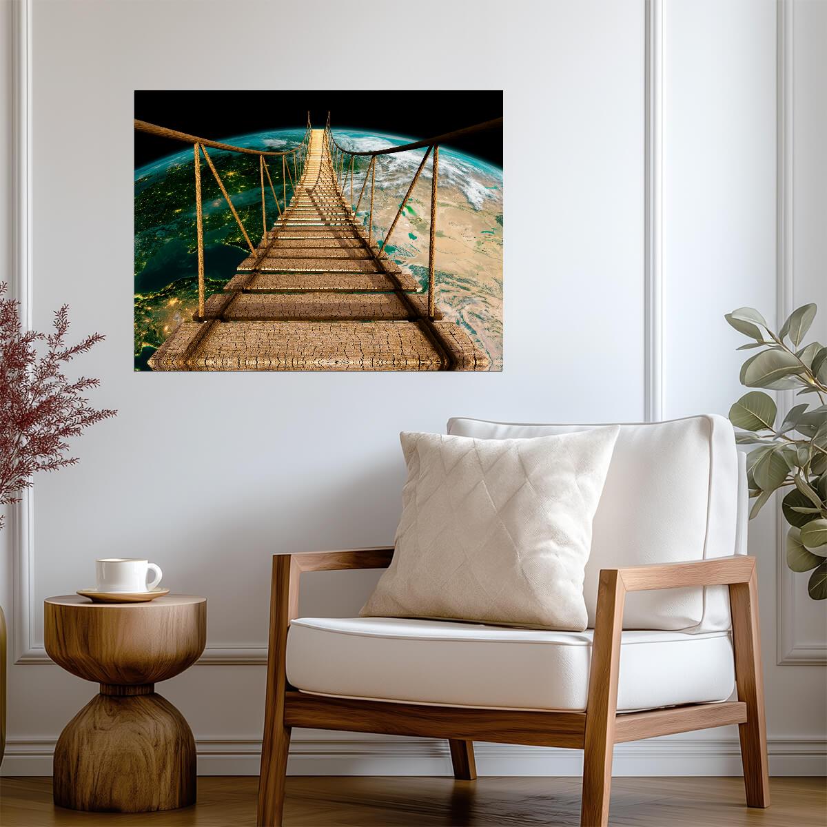 Surreal Suspension Bridge to Earth | Cosmic Art Print | Fantasy Landscape Poster