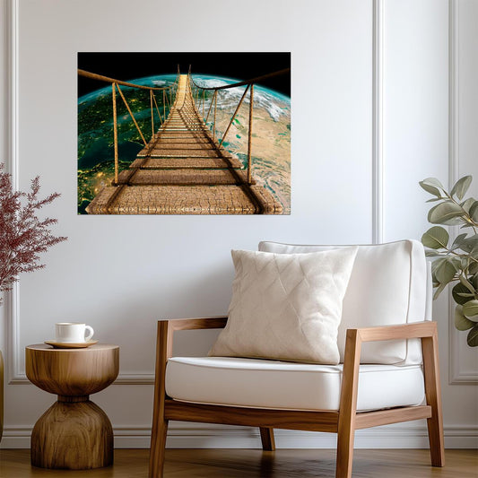 Surreal Suspension Bridge to Earth | Cosmic Art Print | Fantasy Landscape Poster