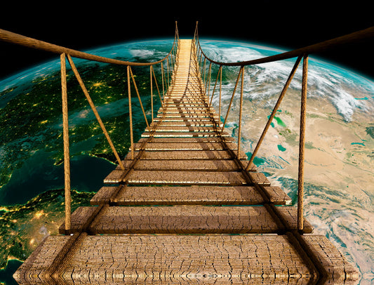 Surreal Suspension Bridge to Earth | Cosmic Art Print | Fantasy Landscape Poster