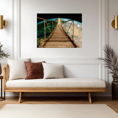 Surreal Suspension Bridge to Earth | Cosmic Art Print | Fantasy Landscape Poster
