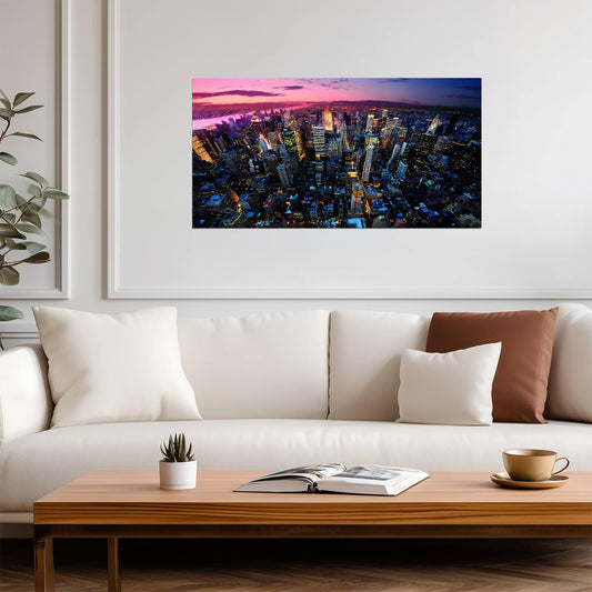 Aerial Cityscape at Dusk | Urban Skyline Photography | Vibrant City Lights Poster