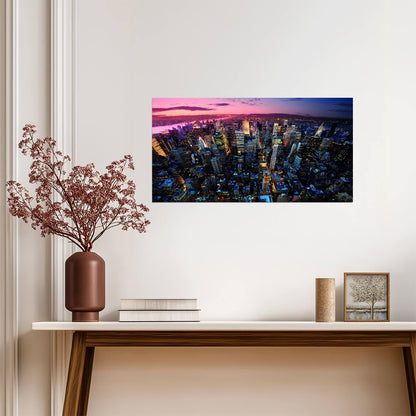 Aerial Cityscape at Dusk | Urban Skyline Photography | Vibrant City Lights Poster