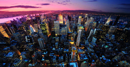 Aerial Cityscape at Dusk | Urban Skyline Photography | Vibrant City Lights Poster