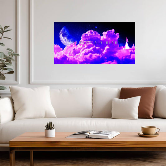 "Fly High" | Inspirational Quote Poster | Dreamy Purple Sky and Moon Art