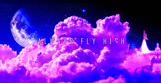"Fly High" | Inspirational Quote Poster | Dreamy Purple Sky and Moon Art